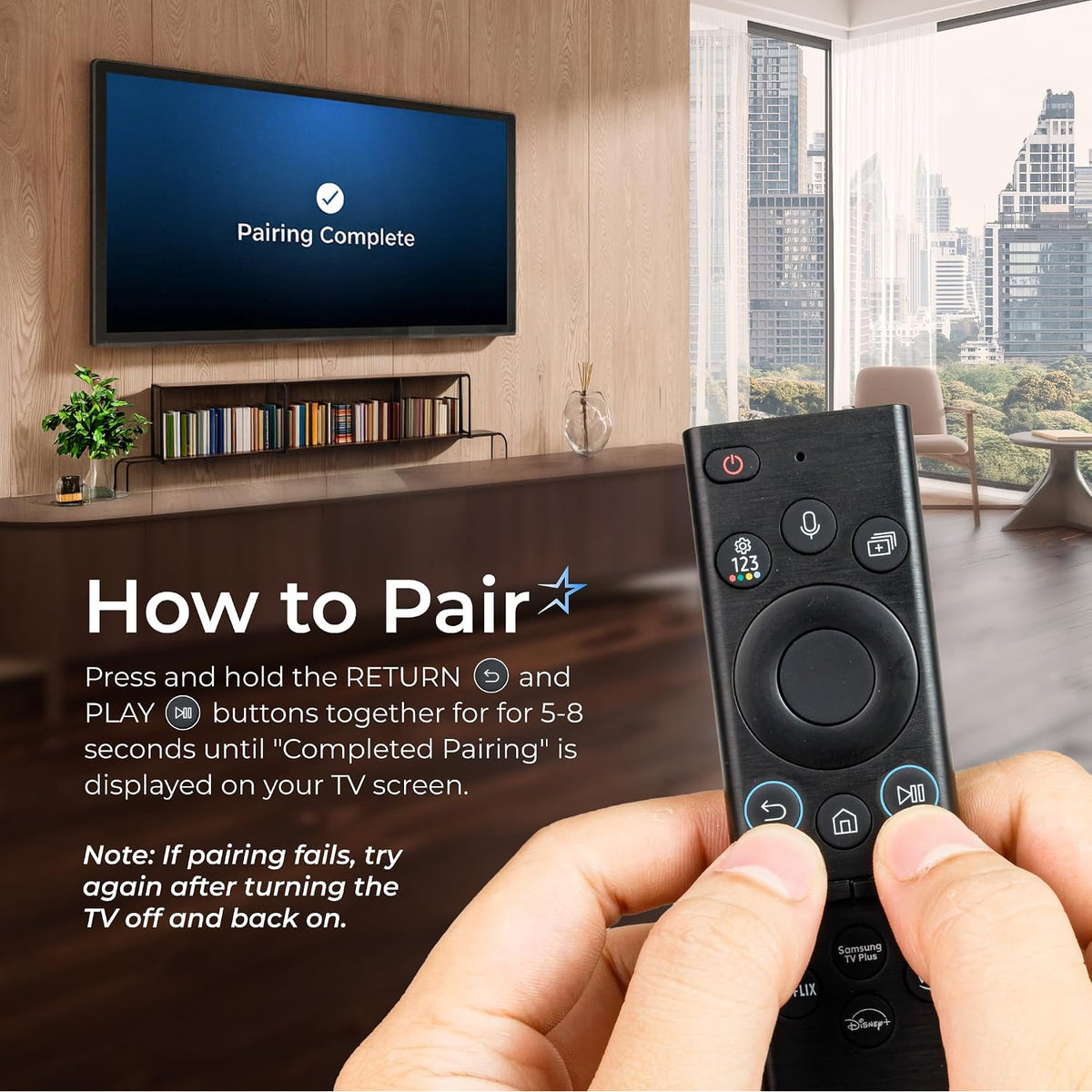 RM-G2300 V1 Voice Smart Remote showing pairing instructions and a TV screen displaying “Pairing Complete”