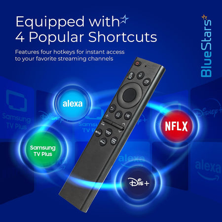 RM-G2300 V1 Voice Smart TV Remote, angled view with Alexa, Netflix, Disney+ and Samsung TV Plus shortcut graphics