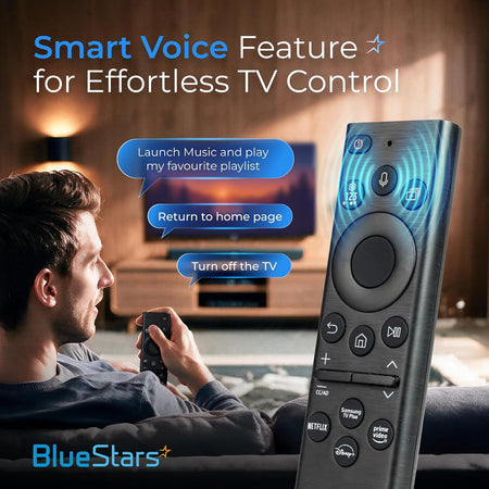 RM-G2300 V1 Voice Smart Remote showing smart voice commands for TV control