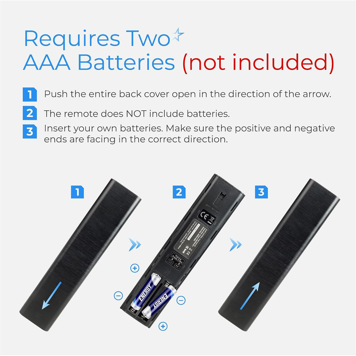 RM-G2300 V1 Voice Smart TV Remote battery installation diagram showing two AAA batteries and back cover removal