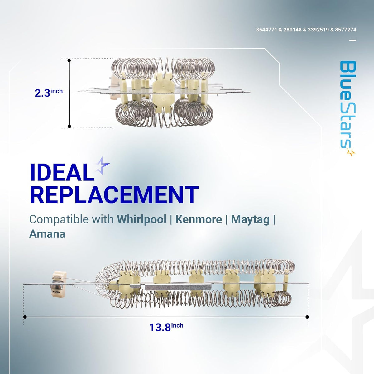 Replacement dryer heating element 8544771 with dimensions showing 13.8-inch length and 2.3-inch height.