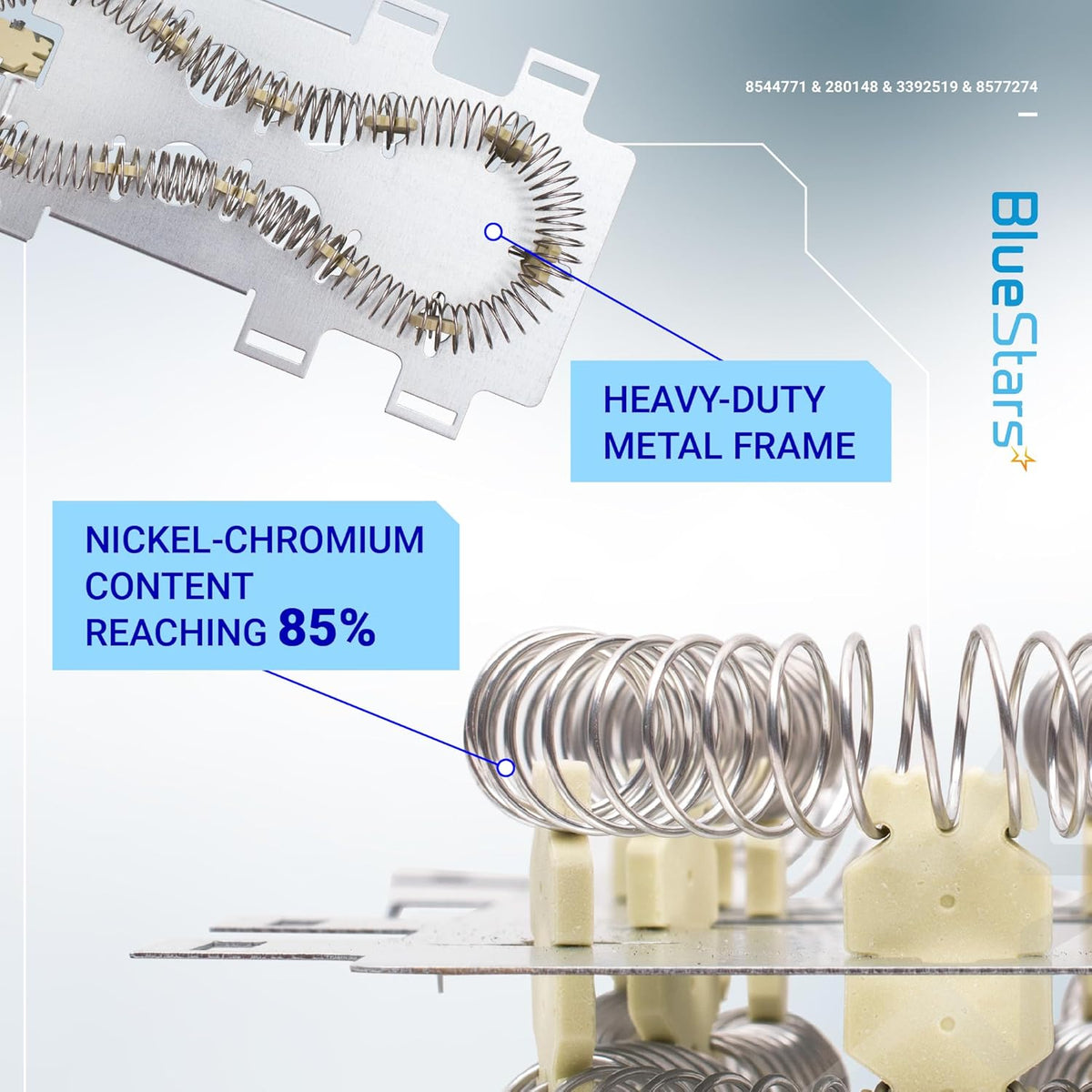 Close-up of Whirlpool dryer heating element showing heavy-duty metal frame and nickel-chromium heating coil construction.