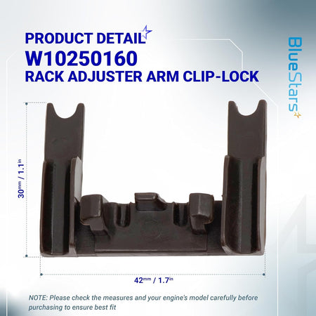 Close-up of W10250160 dishwasher rack adjuster arm clip-lock with dimensions shown.
