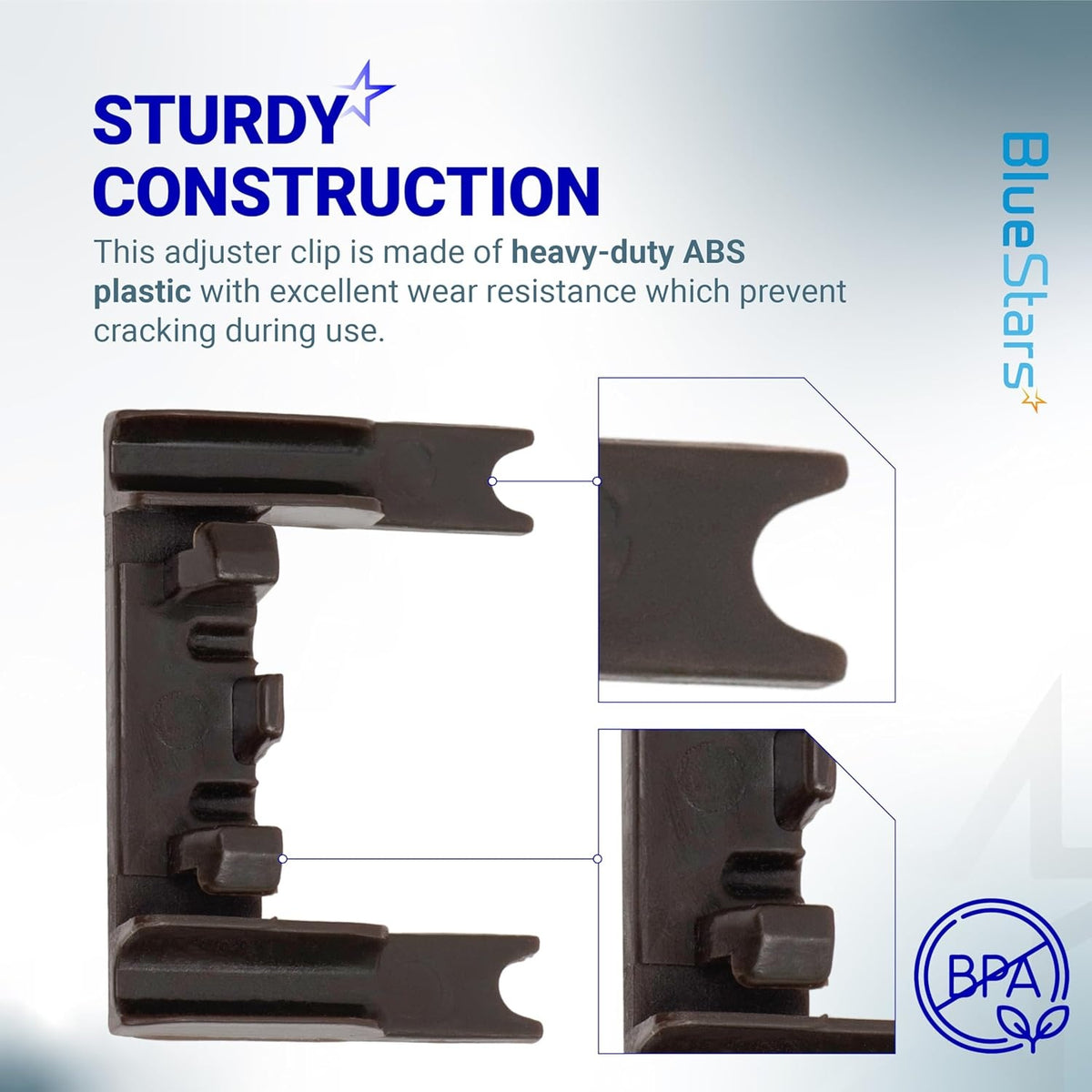 Close-up view of W10250160 dishwasher rack adjuster arm clip-lock showing heavy-duty ABS plastic construction details.