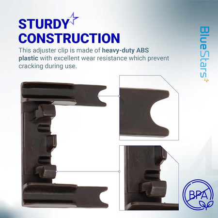 Close-up view of W10250160 dishwasher rack adjuster arm clip-lock showing heavy-duty ABS plastic construction details.