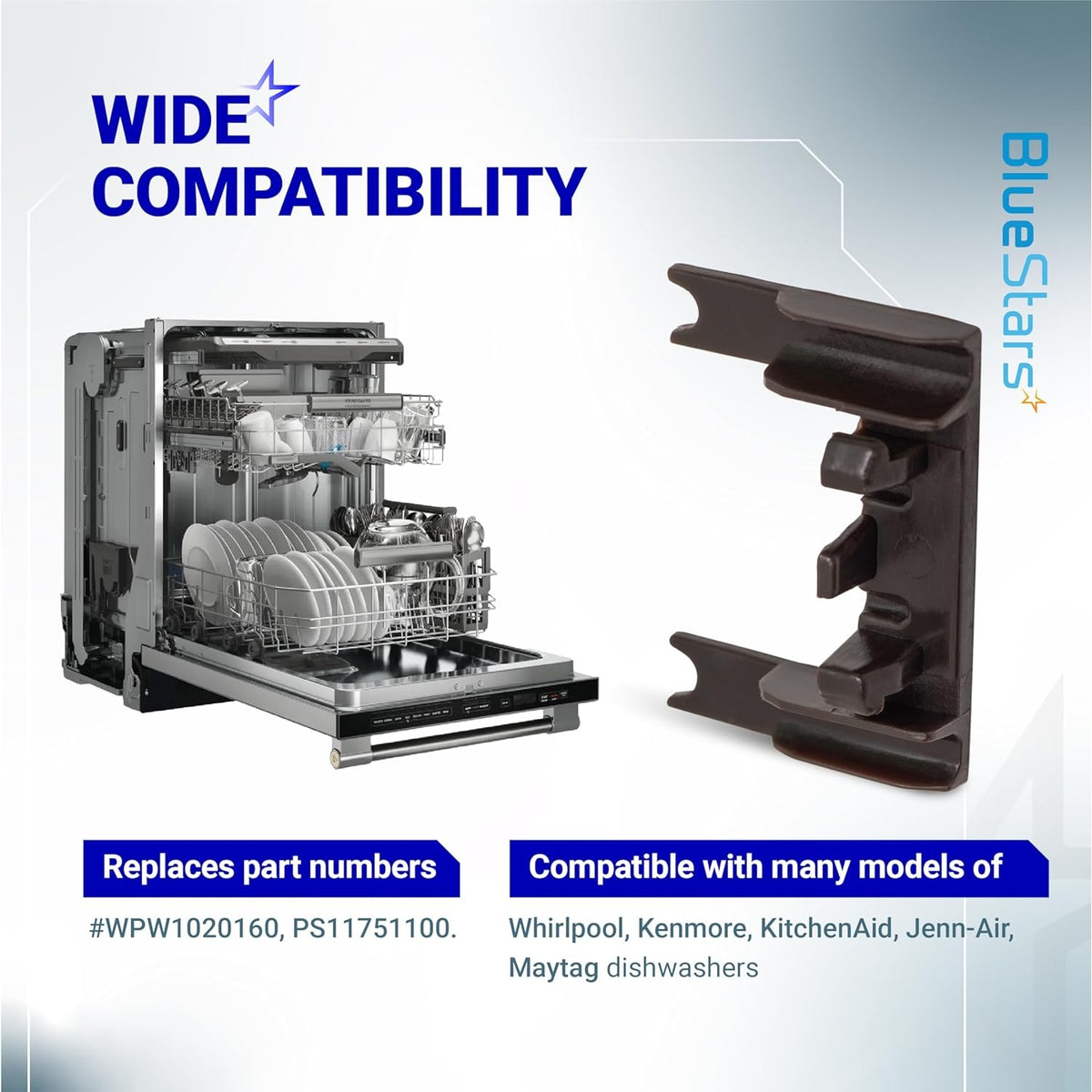 W10250160 dishwasher rack adjuster arm clip-lock replacement part shown with compatible dishwasher model graphic.