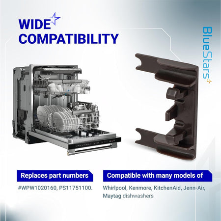 W10250160 dishwasher rack adjuster arm clip-lock replacement part shown with compatible dishwasher model graphic.