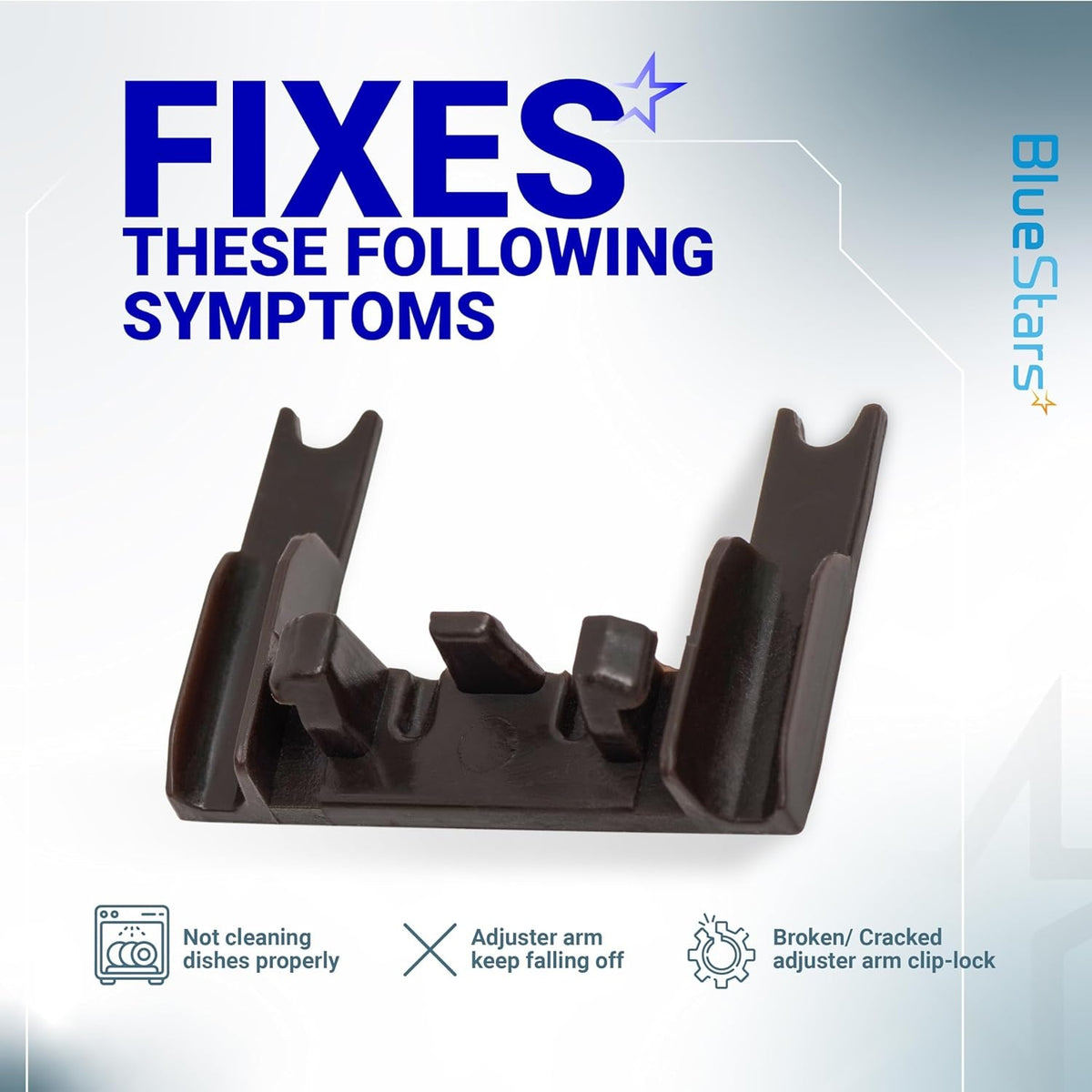 W10250160 dishwasher rack adjuster arm clip-lock showing common repair symptoms and fix applications.