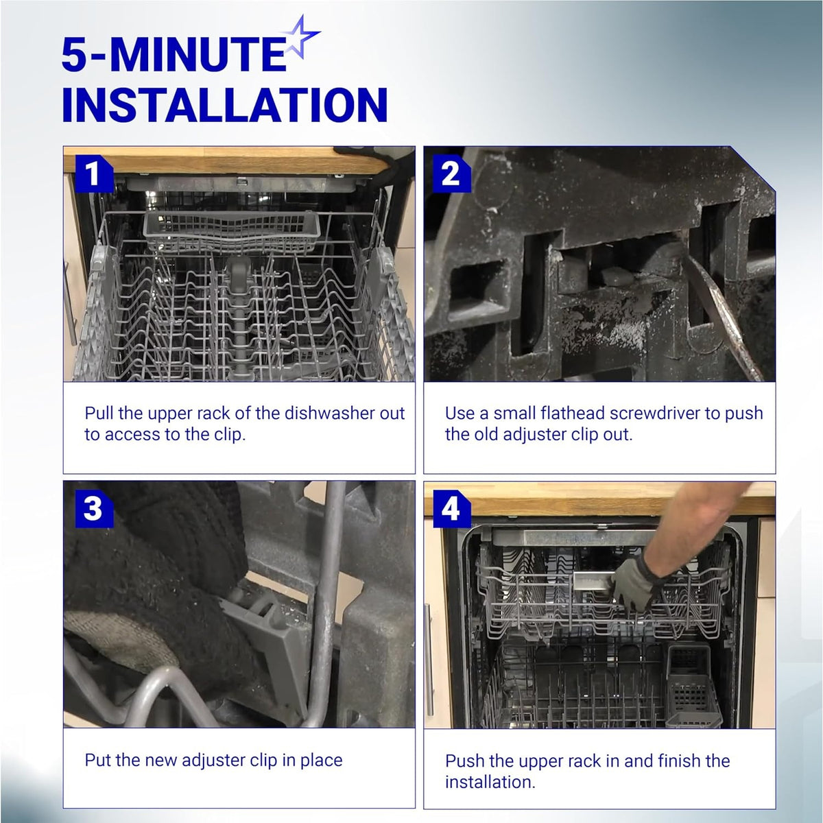 Four-step installation guide for W10250160 dishwasher rack adjuster arm clip-lock.