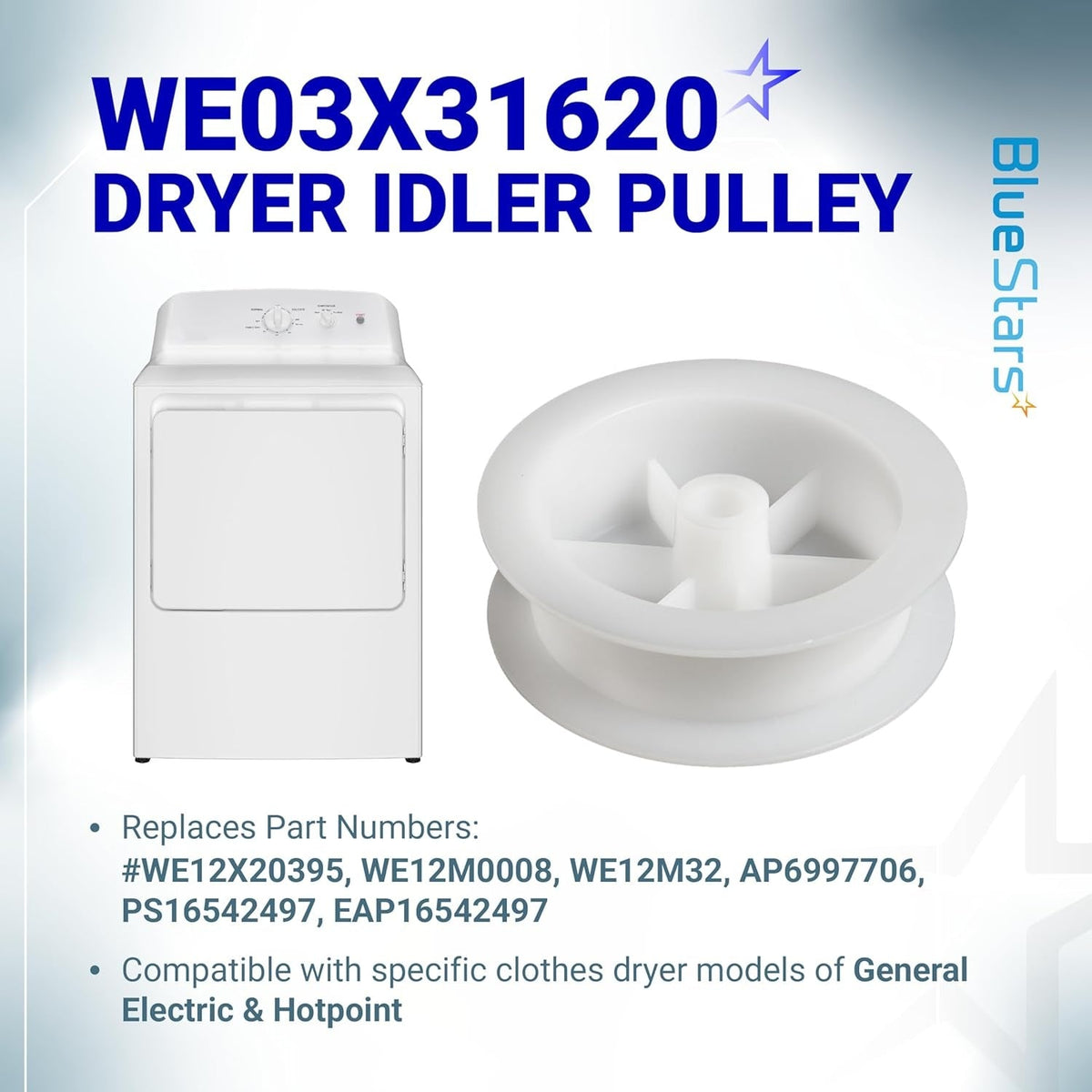 White plastic dryer idler pulley replacement part for GE and Hotpoint clothes dryers.