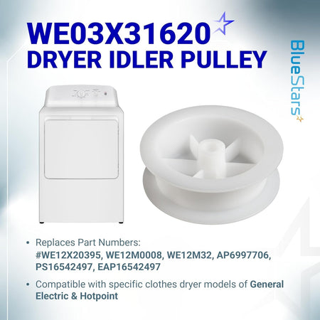 White plastic dryer idler pulley replacement part for GE and Hotpoint clothes dryers.