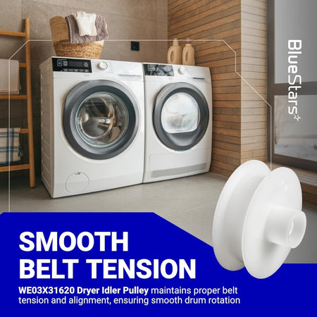 White replacement dryer idler pulley for GE and Hotpoint clothes dryers.