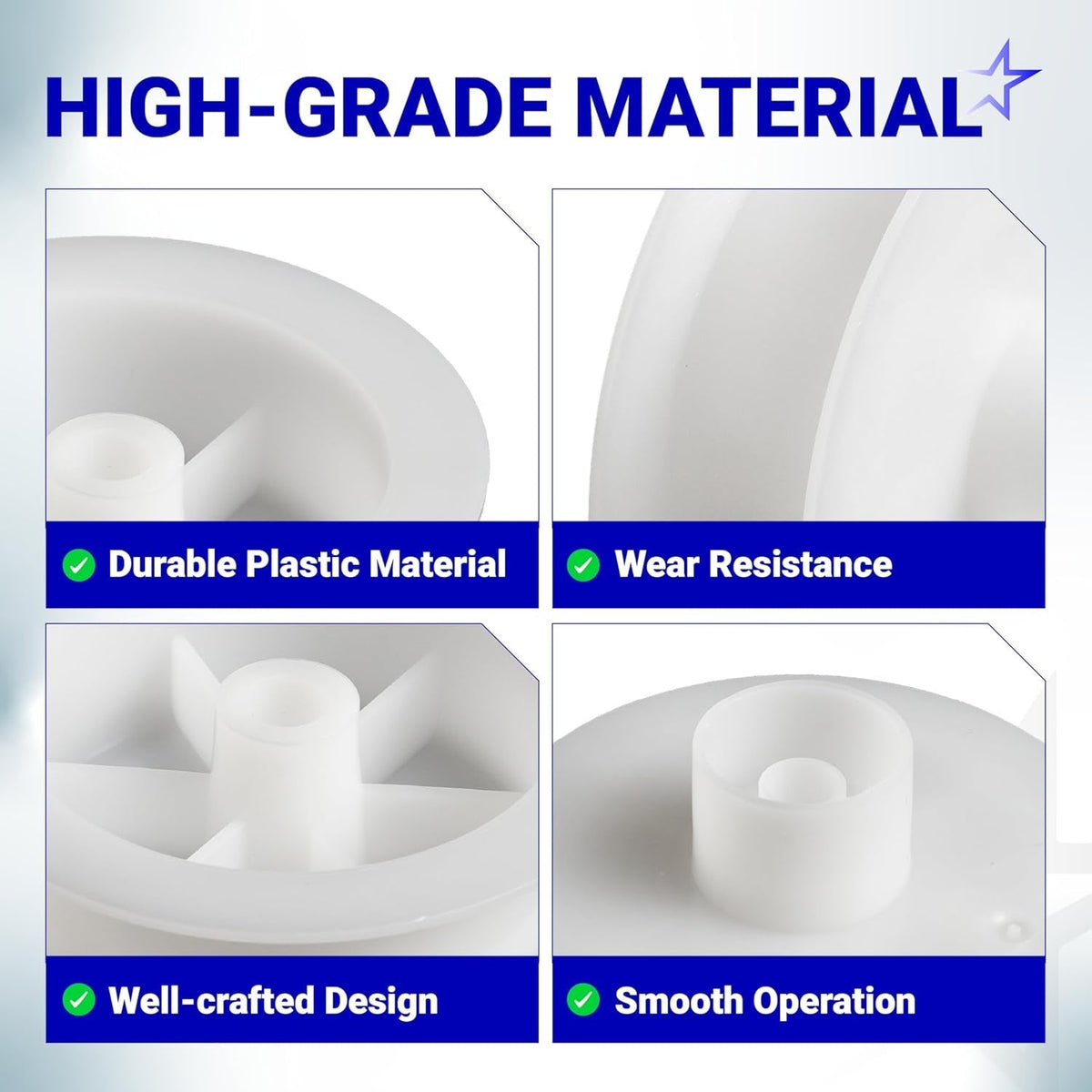 Close-up views of durable white plastic idler pulley for GE and Hotpoint clothes dryers showing material quality.