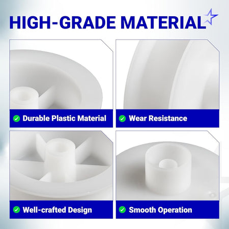 Close-up views of durable white plastic idler pulley for GE and Hotpoint clothes dryers showing material quality.