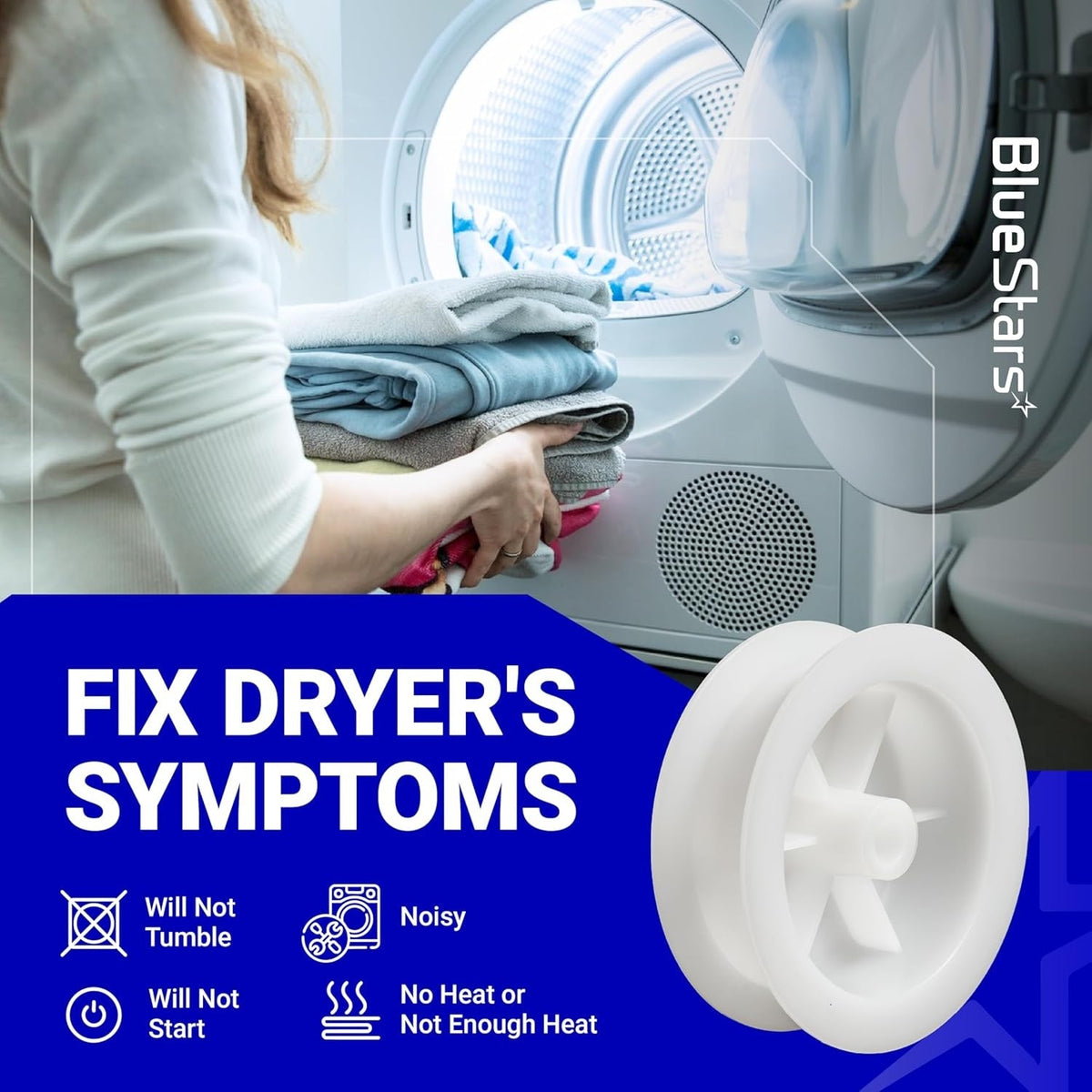 White dryer idler pulley replacement part for GE and Hotpoint clothes dryers to fix common performance issues.