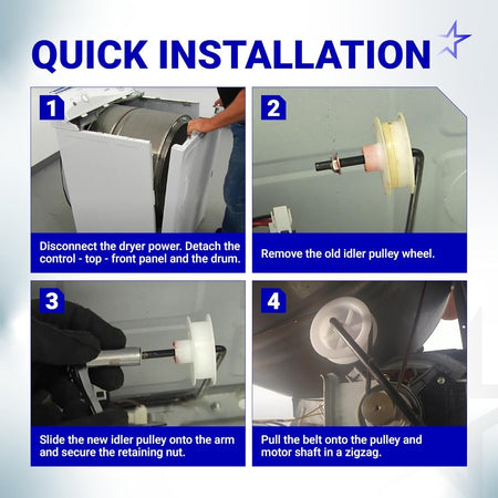 Four-step installation guide for GE Hotpoint dryer idler pulley replacement.