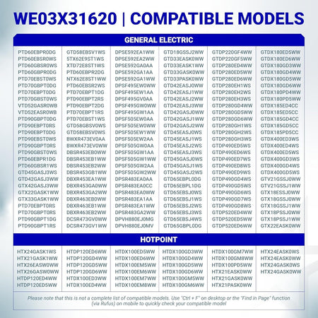 Compatibility chart for WE03X31620 dryer idler pulley listing GE and Hotpoint model numbers.
