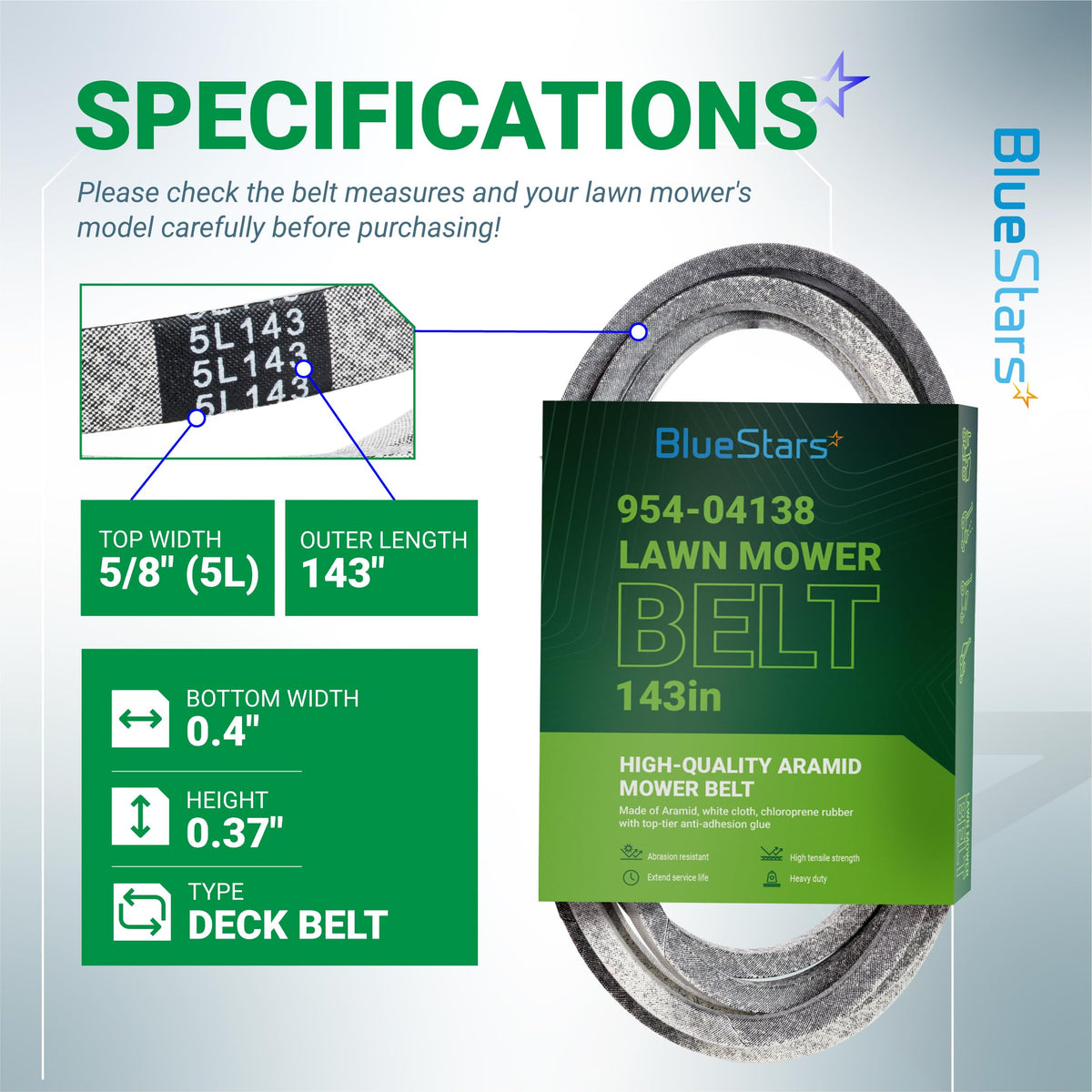 Infographic showing specifications and dimensions for 954-04138A mower deck belt, 5/8 inch by 143 inches.