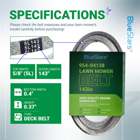 Infographic showing specifications and dimensions for 954-04138A mower deck belt, 5/8 inch by 143 inches.