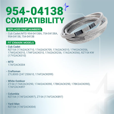 954-04138A mower deck belt compatibility chart for Cub Cadet, MTD, and Craftsman zero-turn mowers.