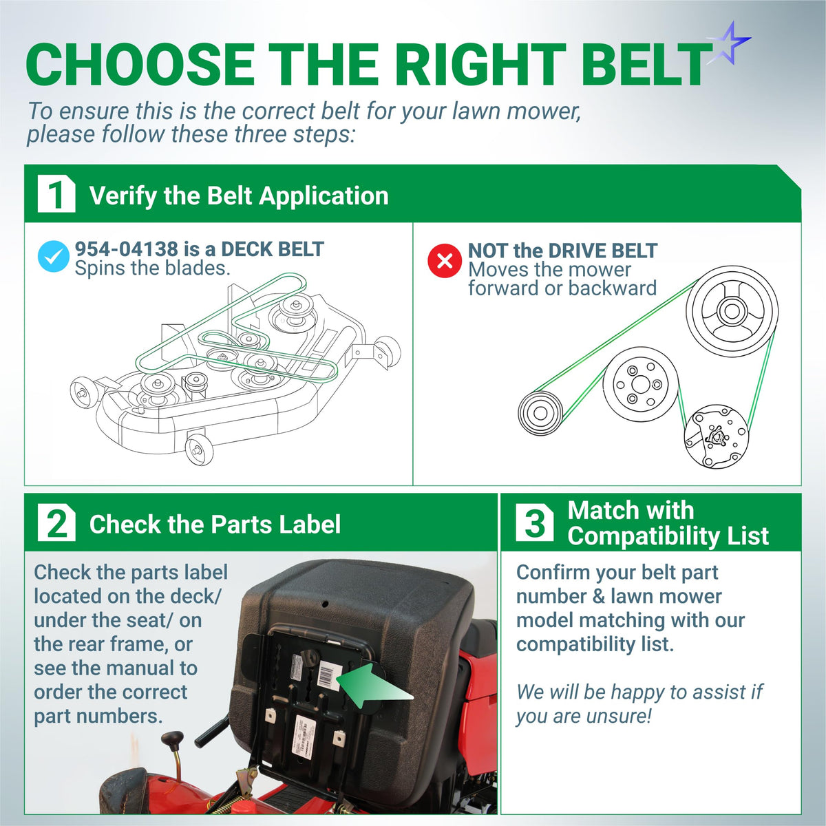Infographic guide for identifying 954-04138A mower deck belt application and compatibility.