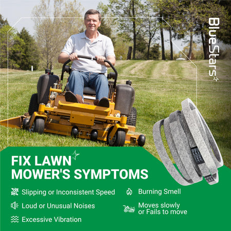 954-04138A mower deck belt for 54-inch zero turn mowers shown with diagnostic symptoms for lawn mower repair.