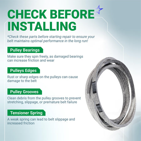 Installation guide for 954-04138A mower deck belt showing maintenance tips for pulleys and tensioner springs.