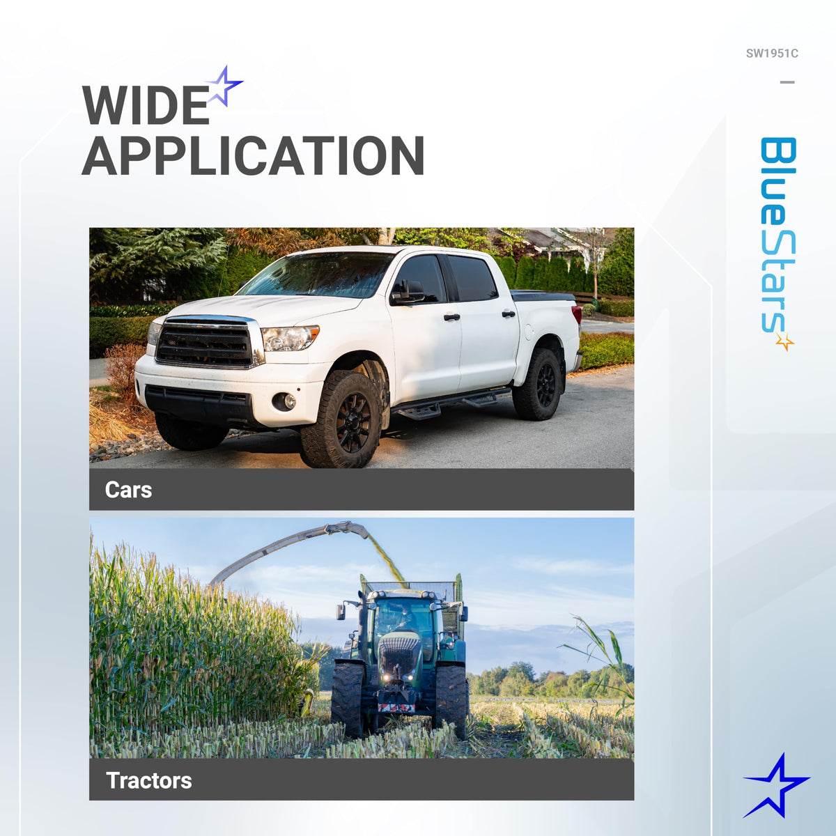 Infographic showing wide application of SW1951C starter solenoid relay for cars and tractors.