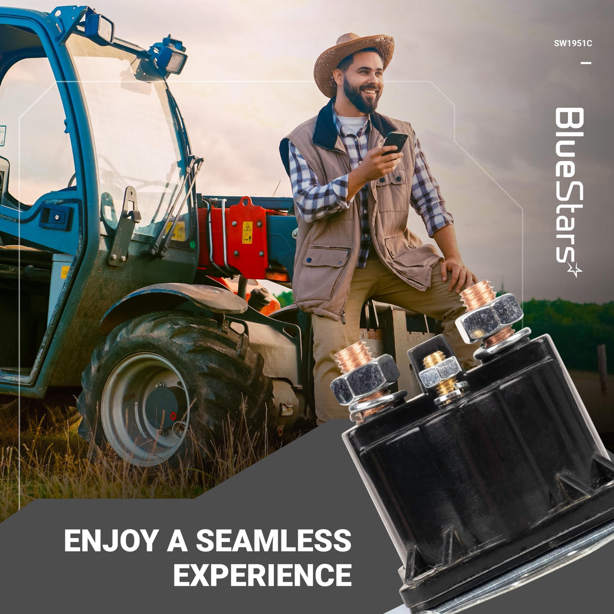SW1951C heavy duty starter solenoid relay for Ford vehicles shown in a lifestyle marketing graphic.