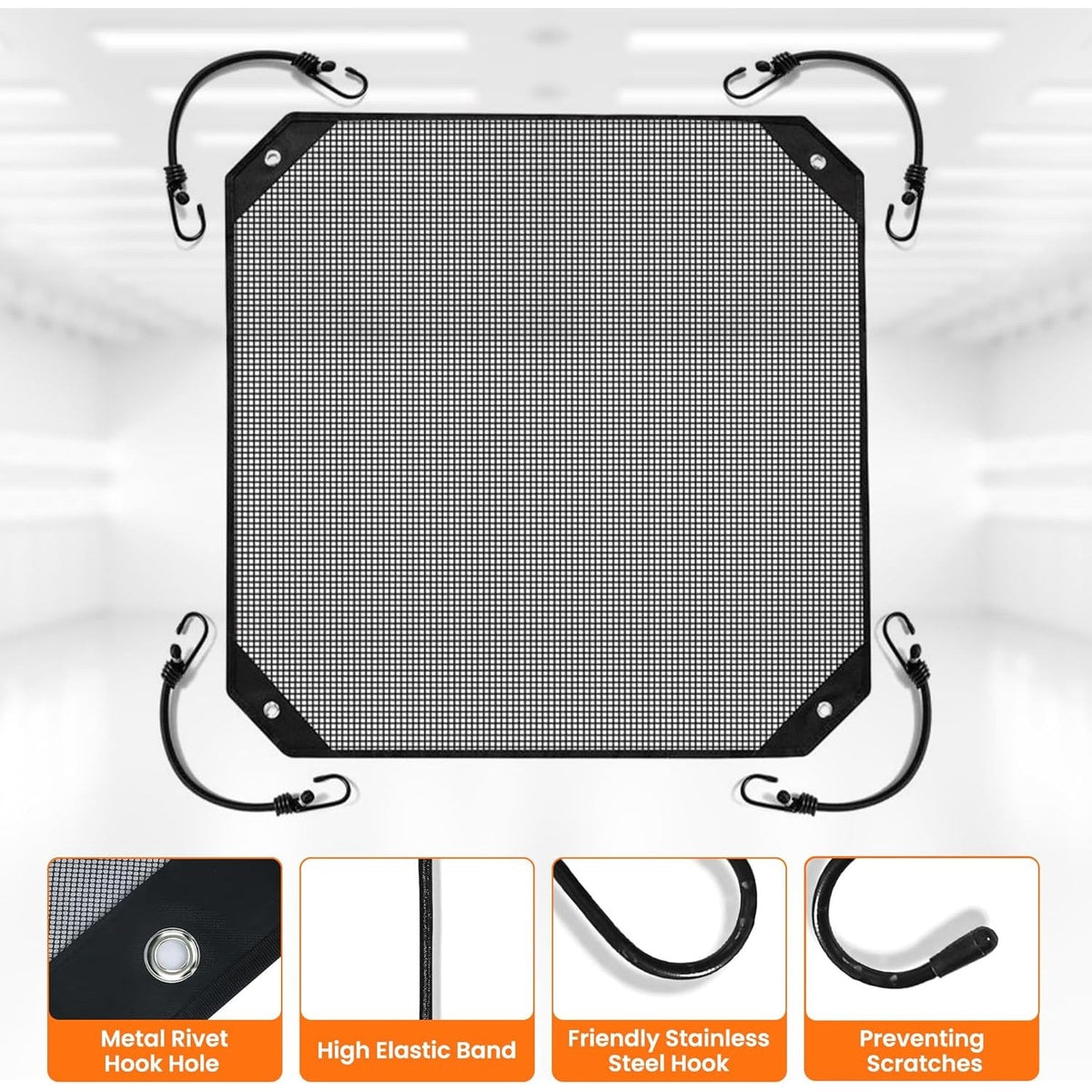 28x28 inch mesh AC condenser cover with elastic bungee cords and stainless steel hooks for central air units.