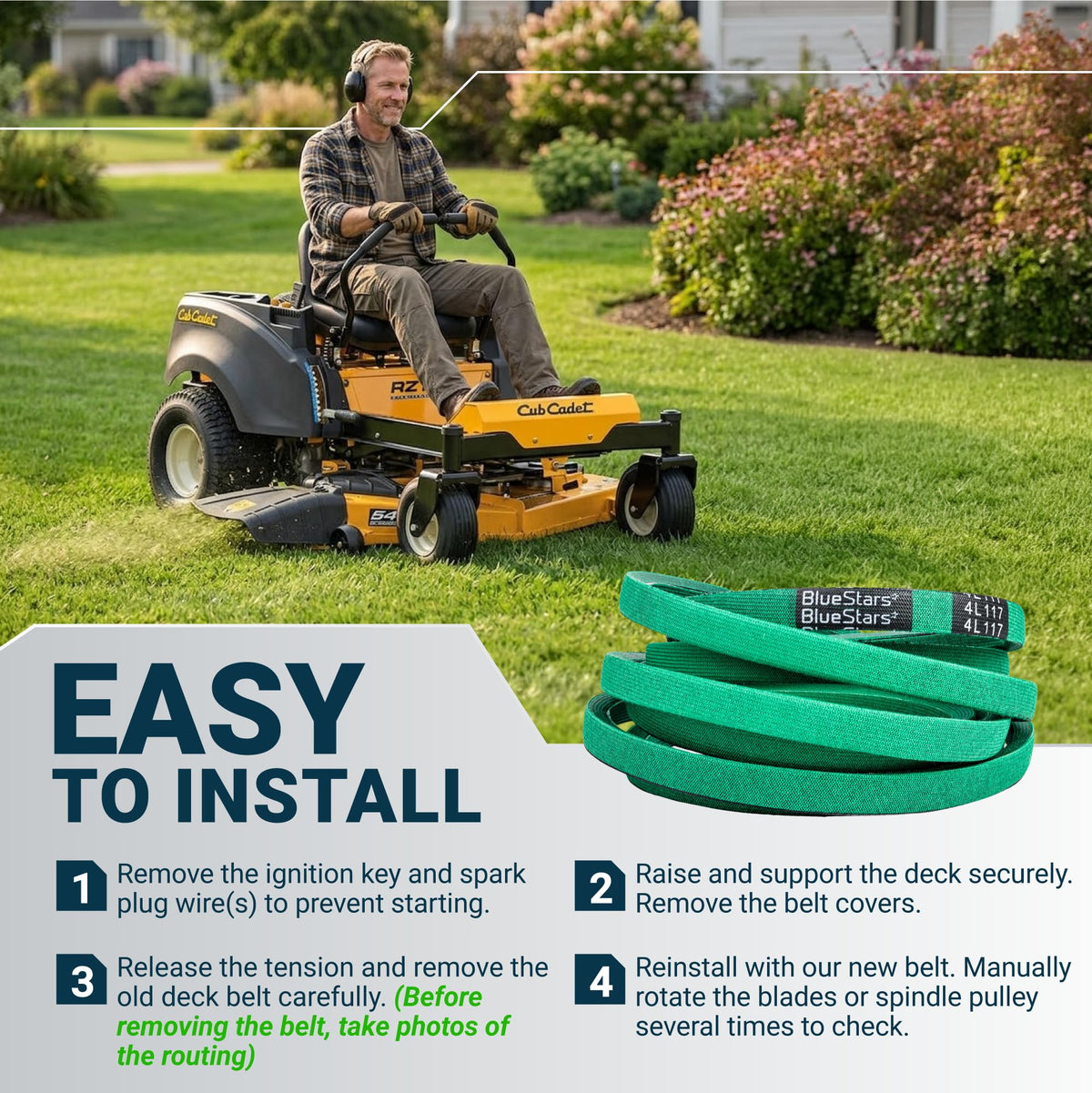 Replacement deck drive belt for Cub Cadet zero-turn mower with easy installation instructions graphic.