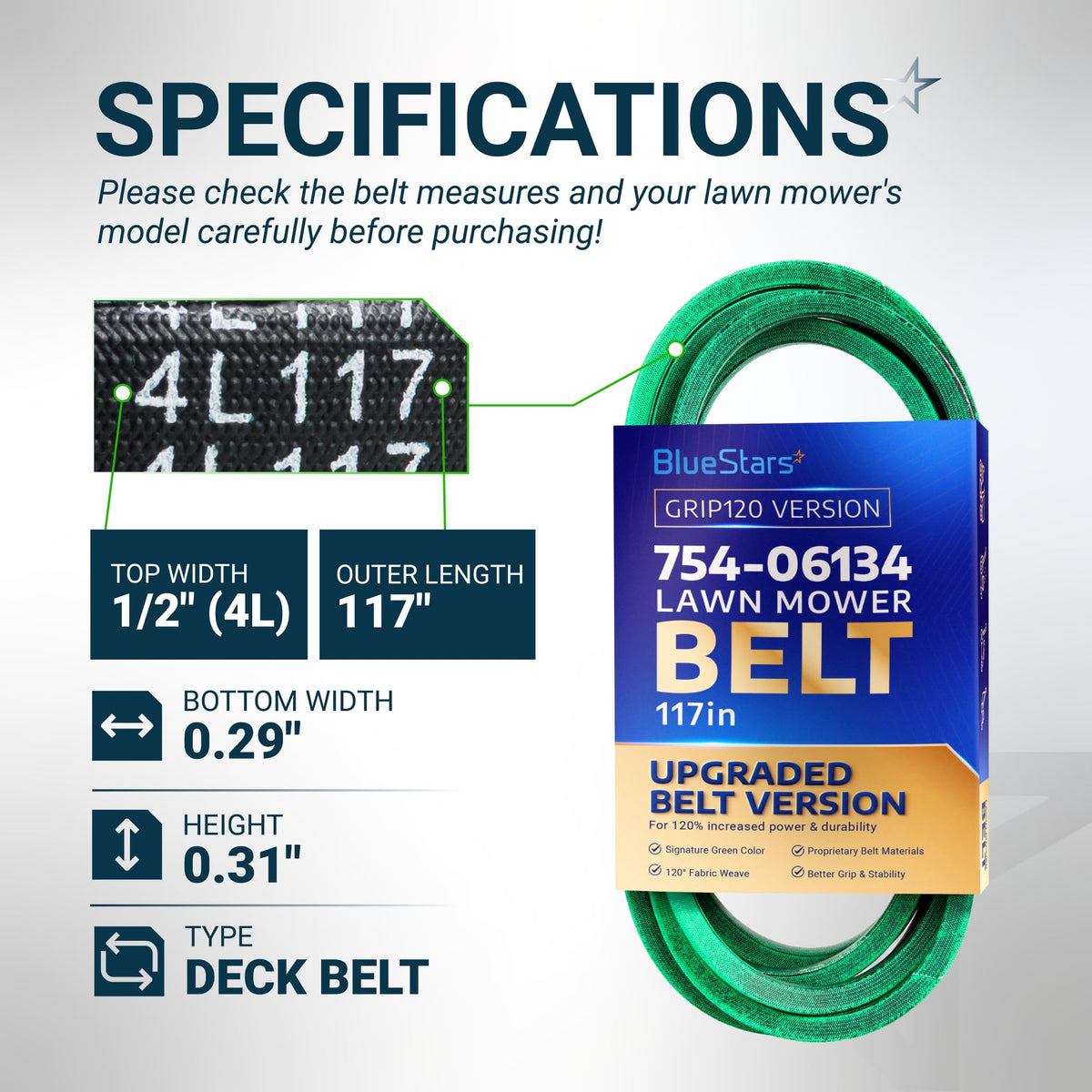 BlueStars 754-06134 lawn mower deck belt specifications chart showing dimensions and 4L117 belt markings.