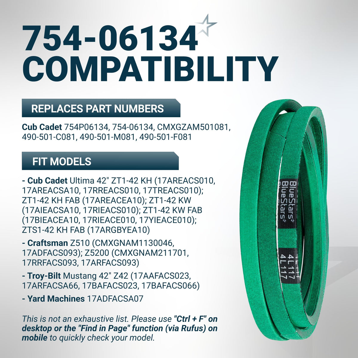 Green 754-06134 replacement mower deck belt for Cub Cadet, Craftsman, and Troy-Bilt mowers with compatibility chart.