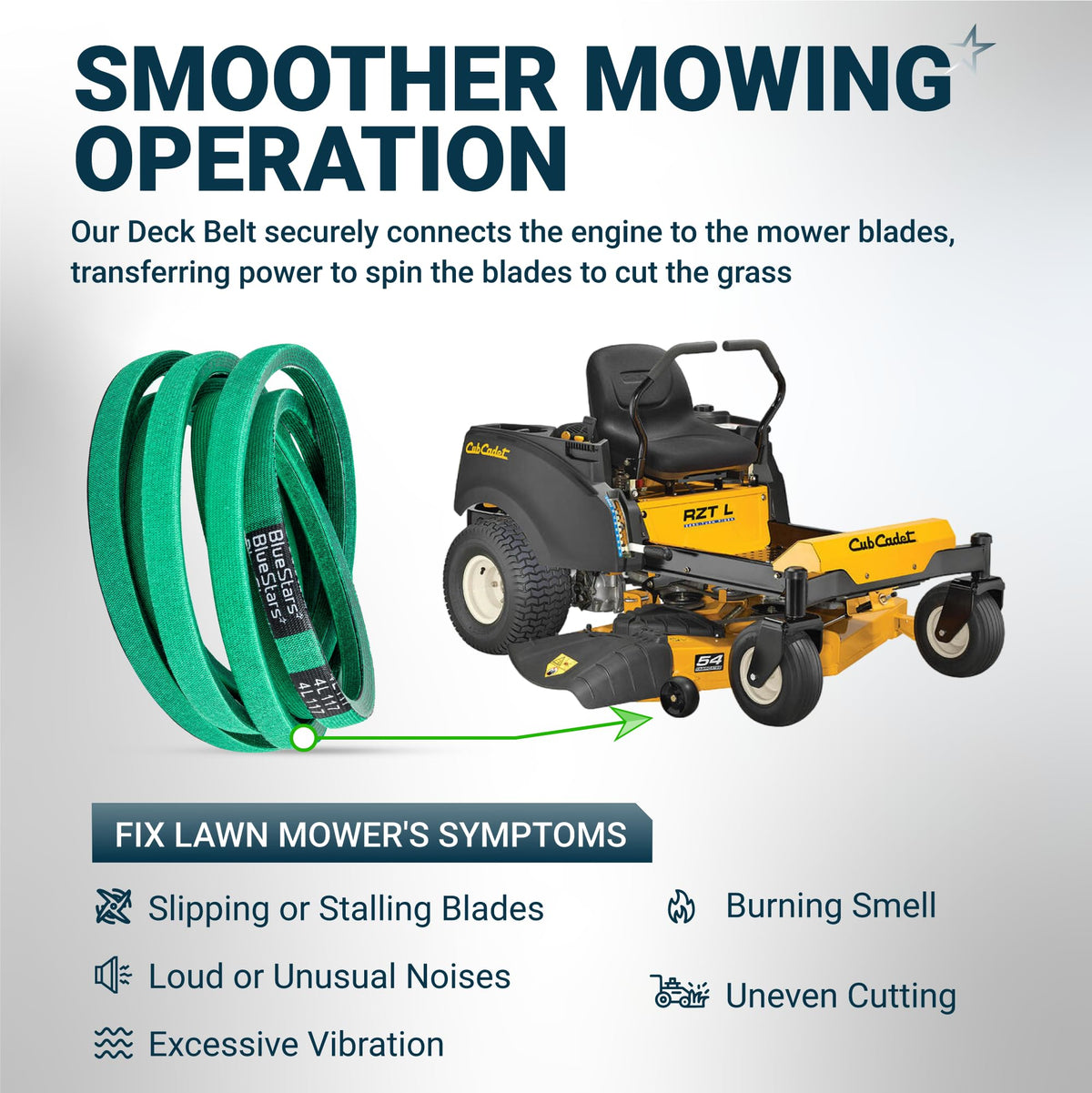 Green deck belt for Cub Cadet zero-turn mower showing installation point and common lawn mower repair symptoms.