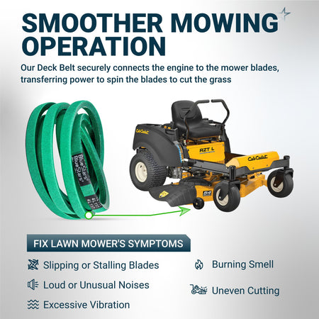 Green deck belt for Cub Cadet zero-turn mower showing installation point and common lawn mower repair symptoms.