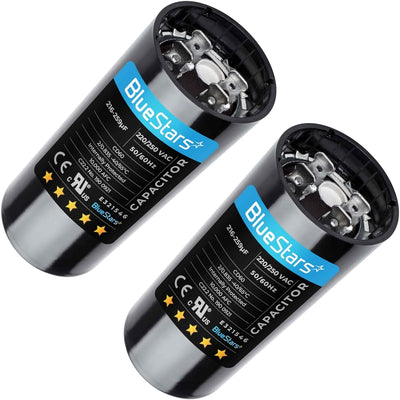 Two 216-259 uF 220-250 VAC round start capacitors for AC motors and heat pumps.