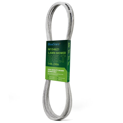 M154621 replacement mower belt in branded packaging for John Deere lawn tractors and zero-turn mowers.