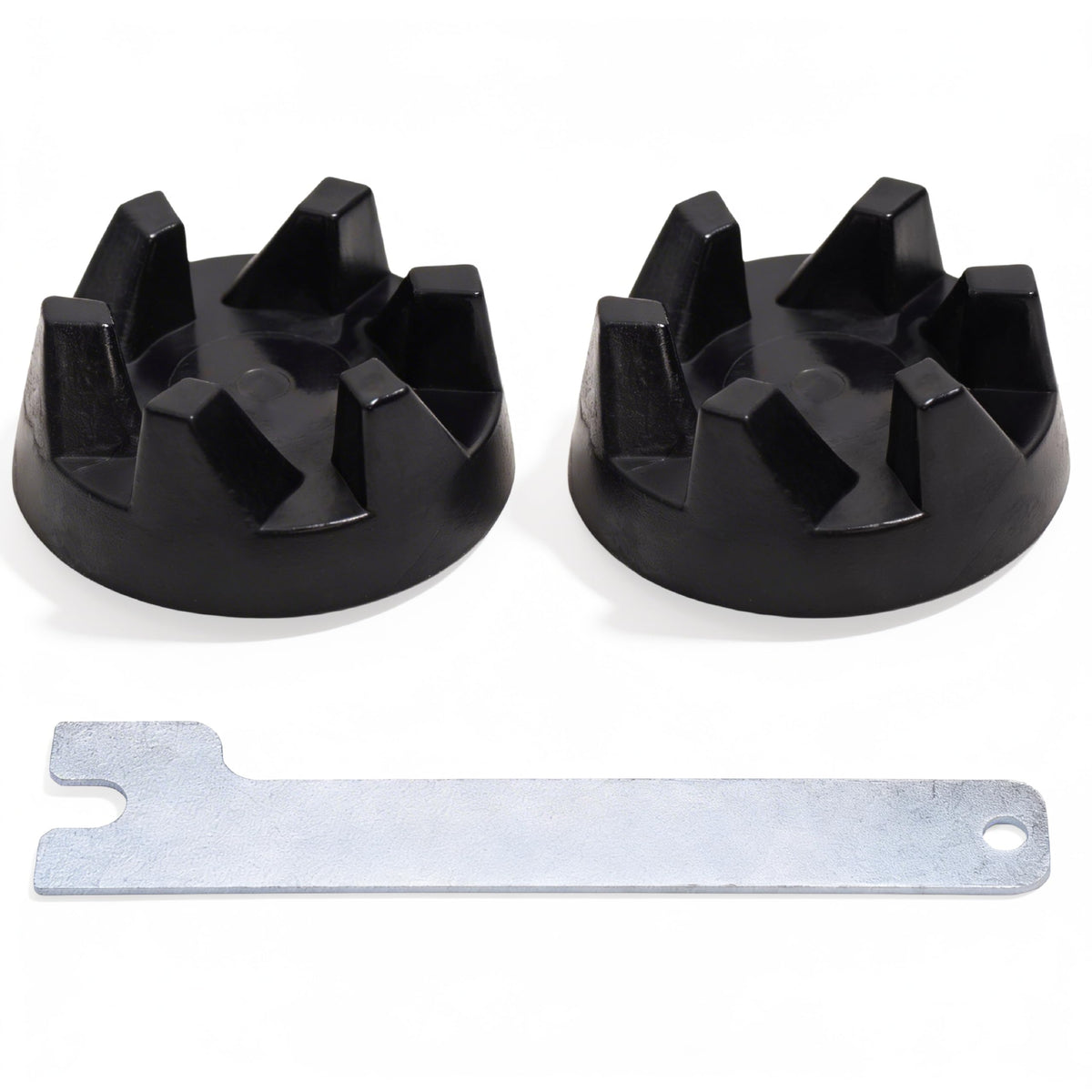 Two black blender drive couplers and a metal spanner wrench tool for KitchenAid blenders.