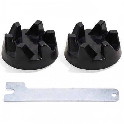 Two black blender drive couplers and a metal spanner wrench tool for KitchenAid blenders.