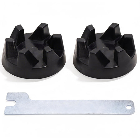 Two black blender drive couplers and a metal spanner wrench tool for KitchenAid blenders.