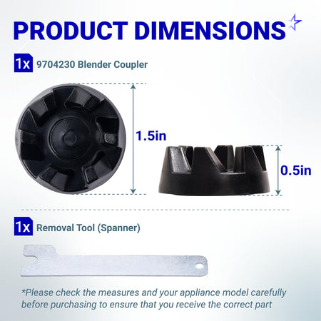 Dimension diagram for 9704230 blender drive coupler and spanner removal tool with measurements.