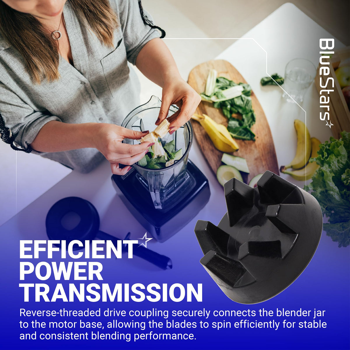 Black blender drive coupler replacement part for KitchenAid blenders shown in a lifestyle product graphic.