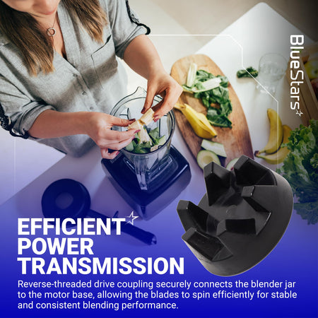 Black blender drive coupler replacement part for KitchenAid blenders shown in a lifestyle product graphic.