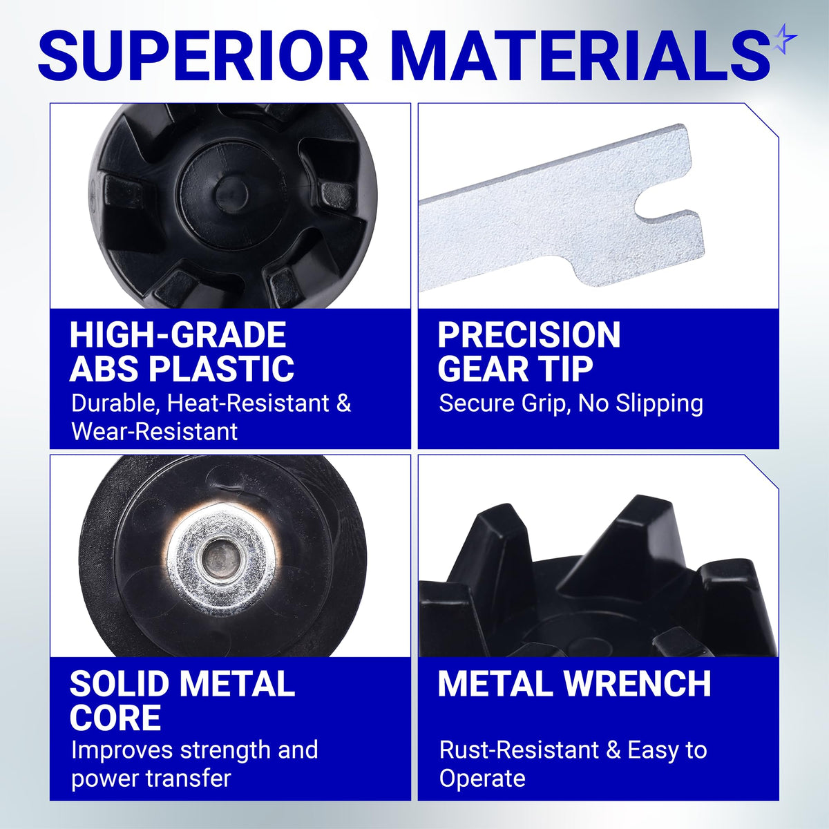 Features of 9704230 blender drive coupler and spanner wrench kit showing material quality and metal core construction.