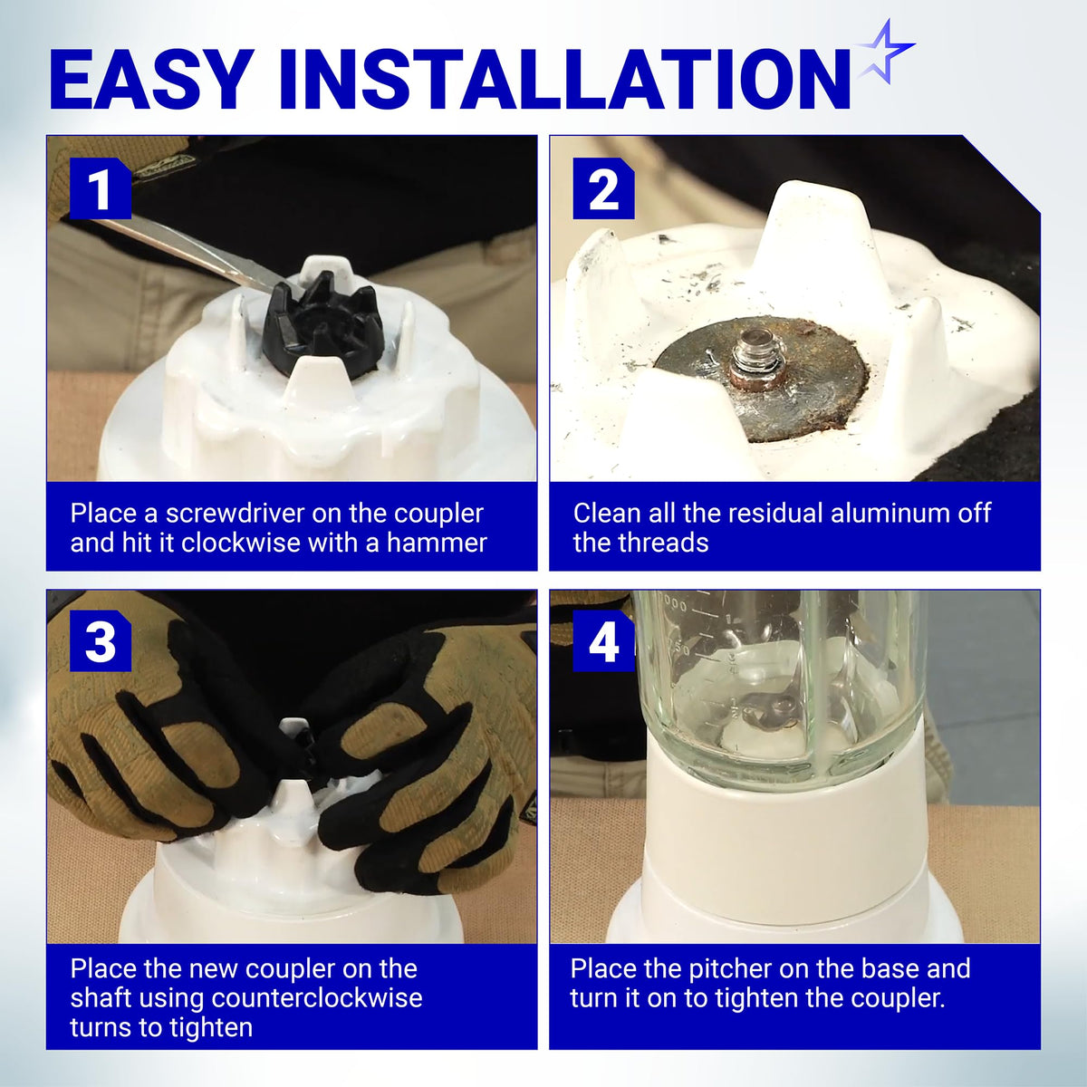 Four-step installation guide for replacing a KitchenAid blender drive coupler.