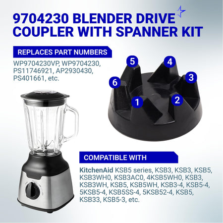 Infographic showing 9704230 blender drive coupler, compatible KitchenAid blender models, and replacement part numbers.
