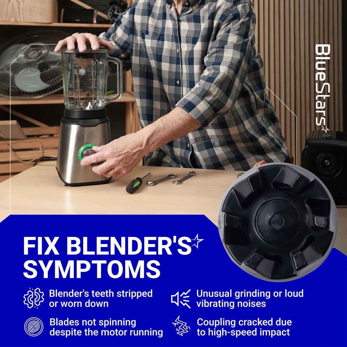 Close-up of 9704230 blender drive coupler replacement part shown on a repair infographic for KitchenAid blenders.