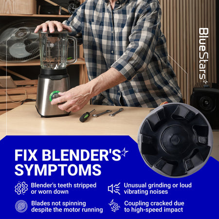Close-up of 9704230 blender drive coupler replacement part shown on a repair infographic for KitchenAid blenders.