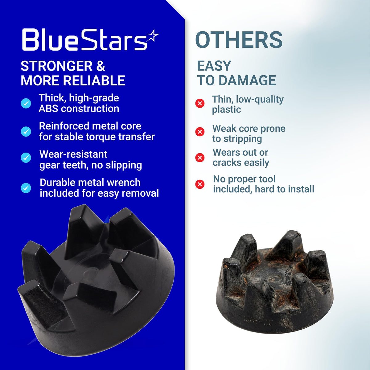 Comparison chart showing BlueStars blender drive coupler vs low-quality alternative for KitchenAid blenders.