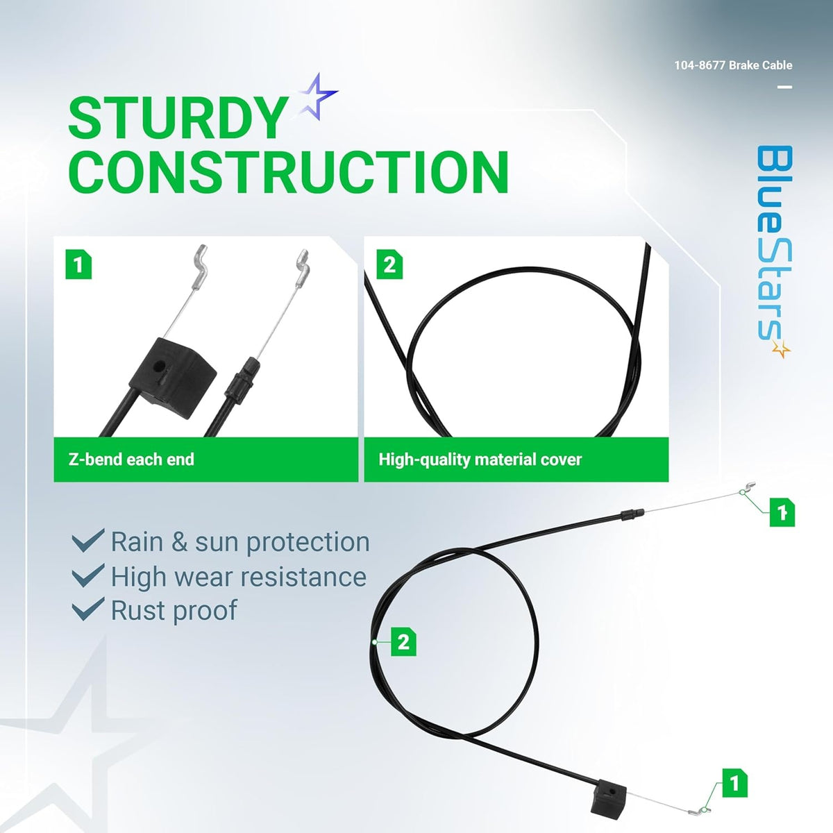 Infographic showing 104-8677 brake cable features including Z-bend ends and durable protective cover for Toro mowers.